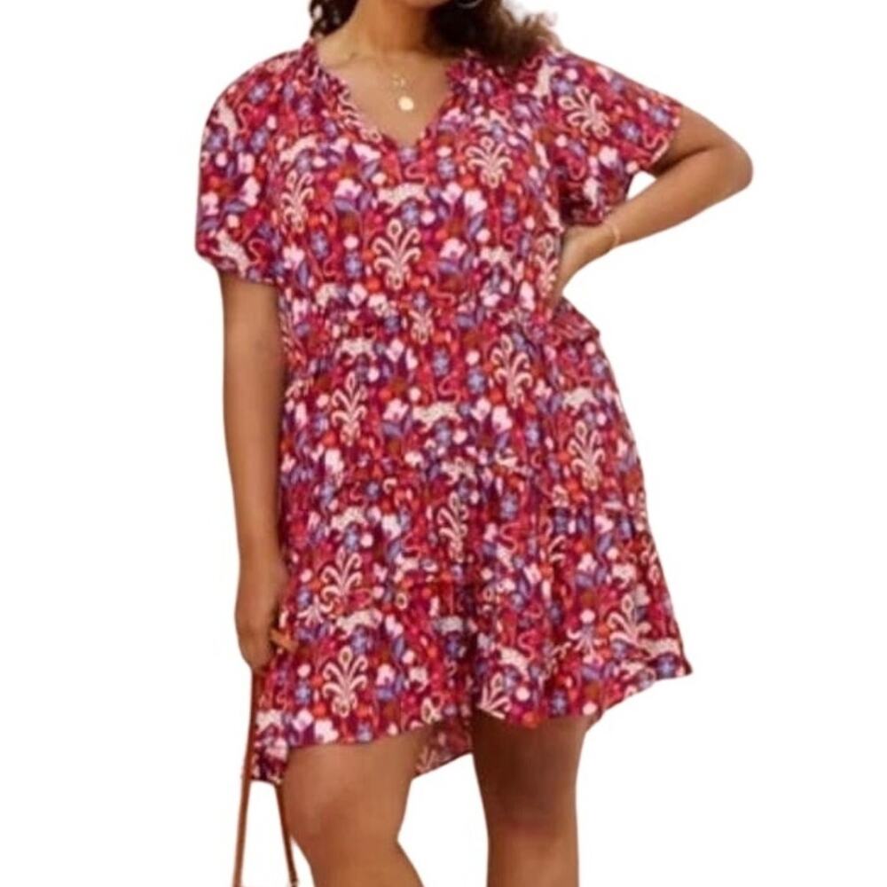 Anthropologie Pink Red Blue Ruffle Flutter Sleeve Dress size S Boho Tomato Girl